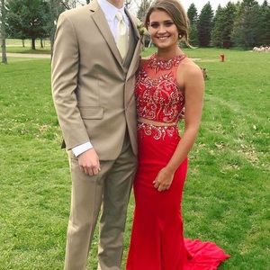 Red two piece prom dress